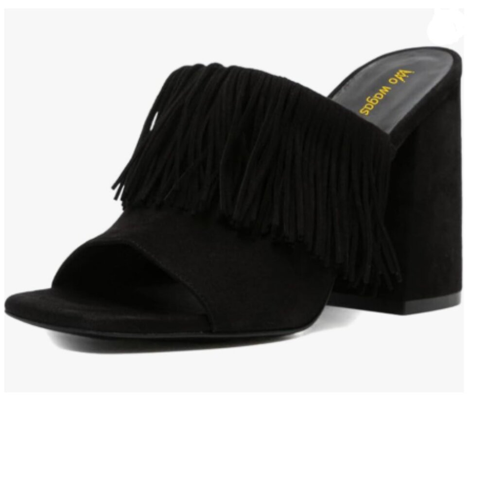 Wo Wagas Black Fringed Mules Tassel Slippers Slip On Chunky High Heels Sandals